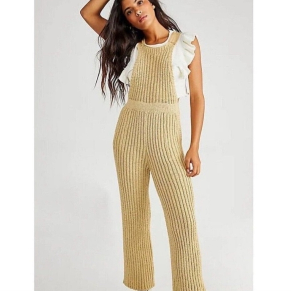 Free People Beach Cohen Beige Sand Knit Sweater Overalls - Picture 1 of 6
